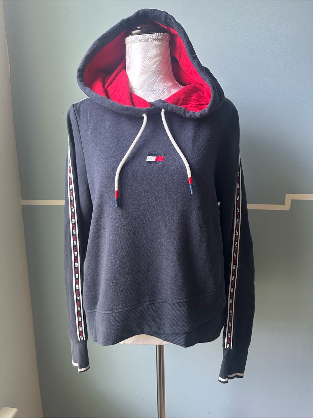 Tommy Hilfiger Navy Hoodie with Red Lining and White Drawcords